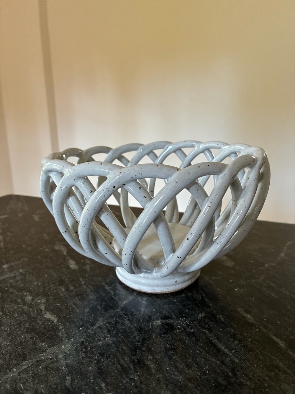 Ceramic Open Weave Bowl โ White Speckled Home Art